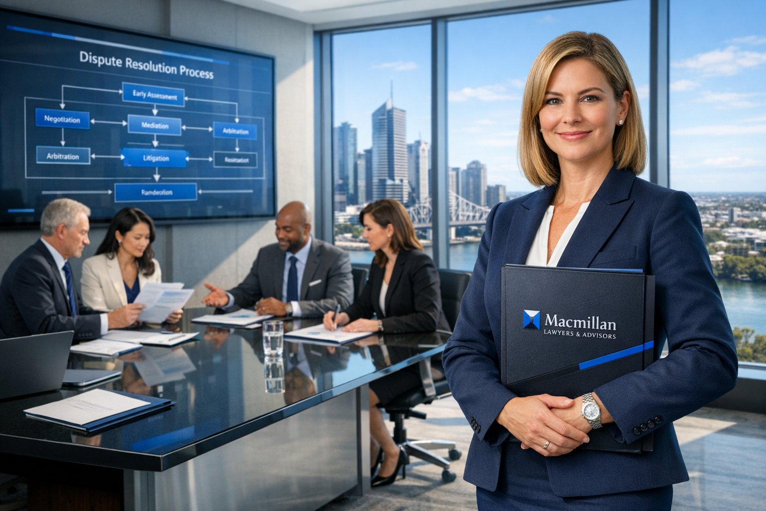litigation lawyer leading a team in a modern Brisbane office