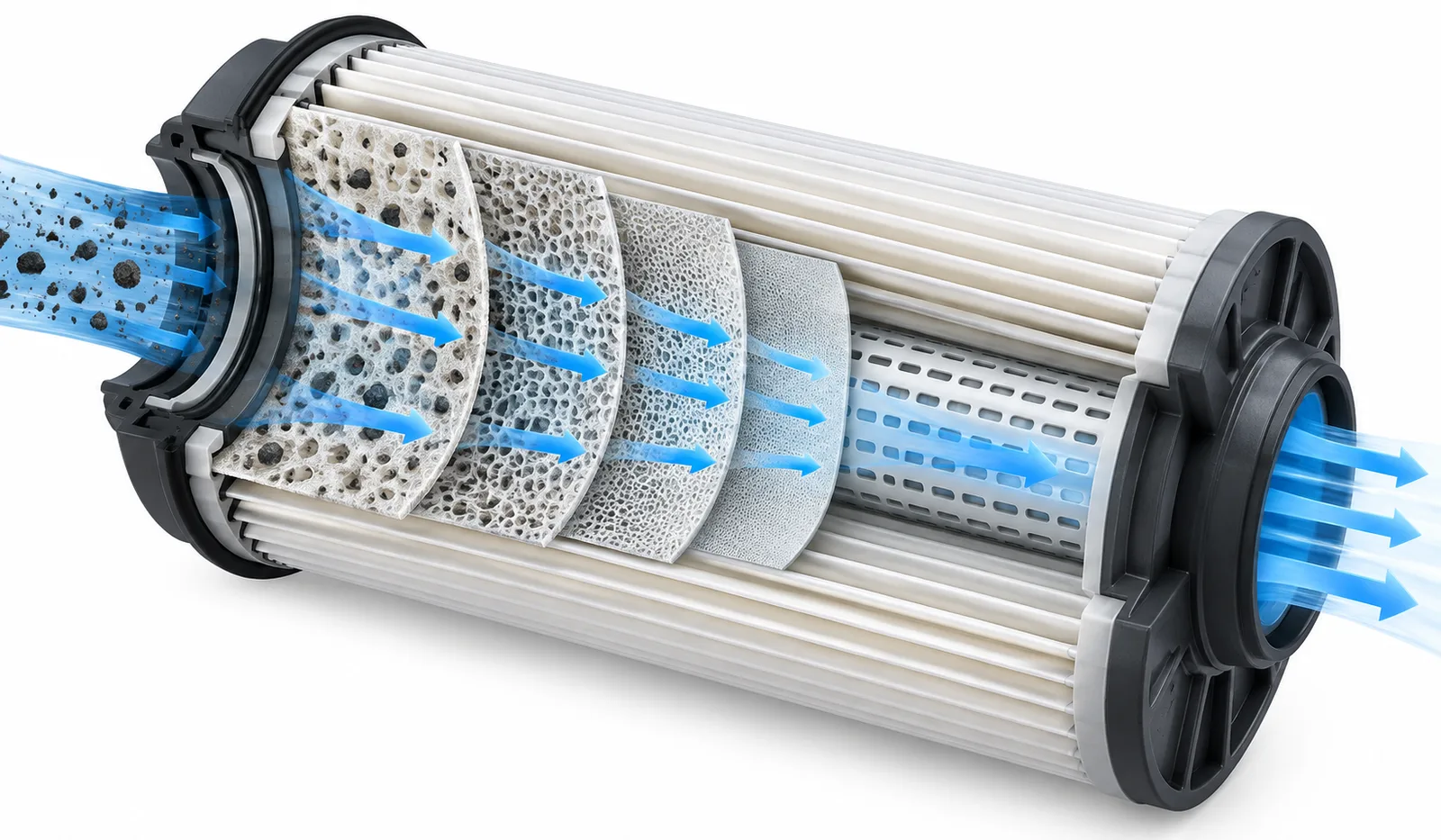 Cross-section diagram of a micro pleated filter cartridge with gradient pore layers