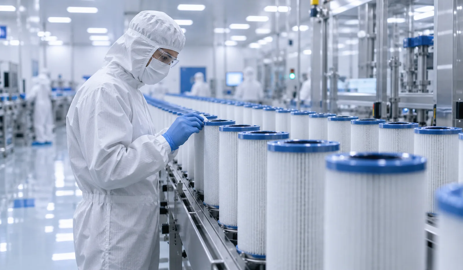Technician in cleanroom suit inspecting filter cartridges on a production line