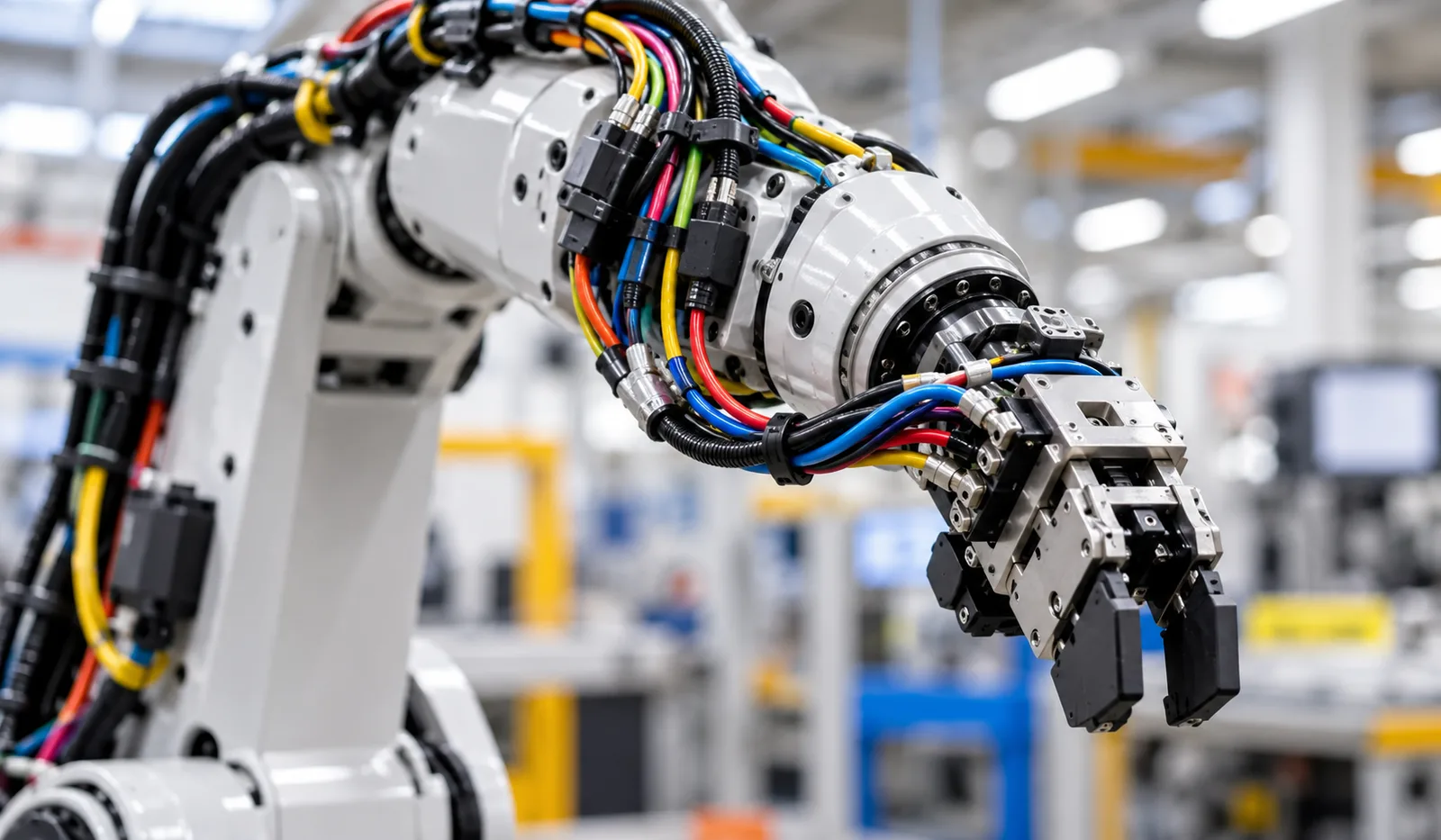 Close-up macro photography of a complex custom robotic wiring harness with multiple colored wires, connectors, and cable ties on a clean workbench.